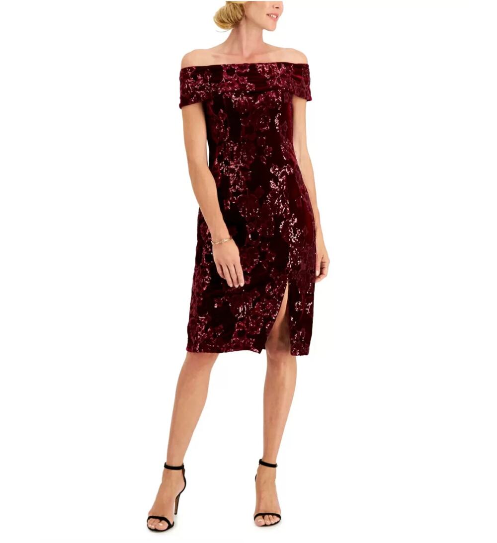 Adrianna Papell Red Cocktail Dress Sequin Velvet Off the Shoulder Sheath Size 6